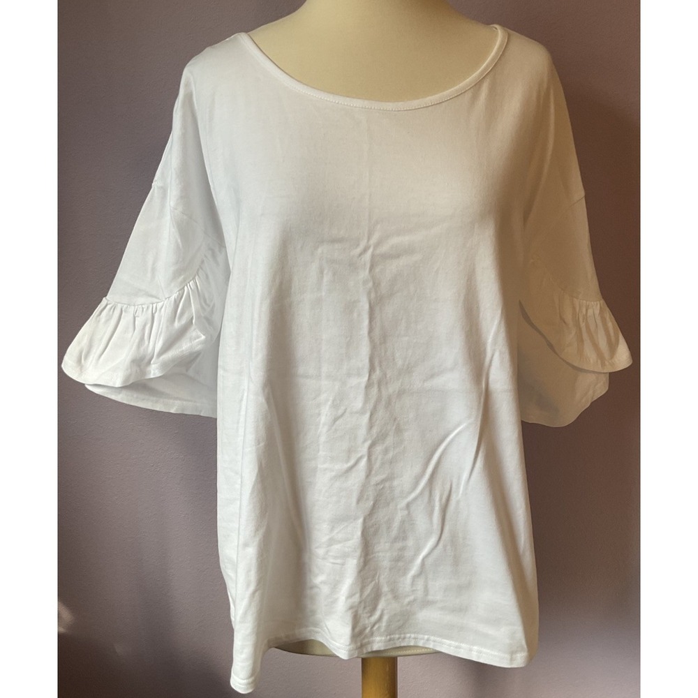 Ethyl White 100% Cotton Ruffle Short Sleeve Top Blouse Size Large‎
